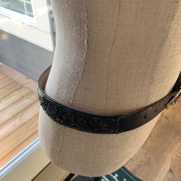 Lucky Brand Leather Beaded Sequin Waist Belt Women's S Black Silver Buckle Y2K - Picture 5 of 12